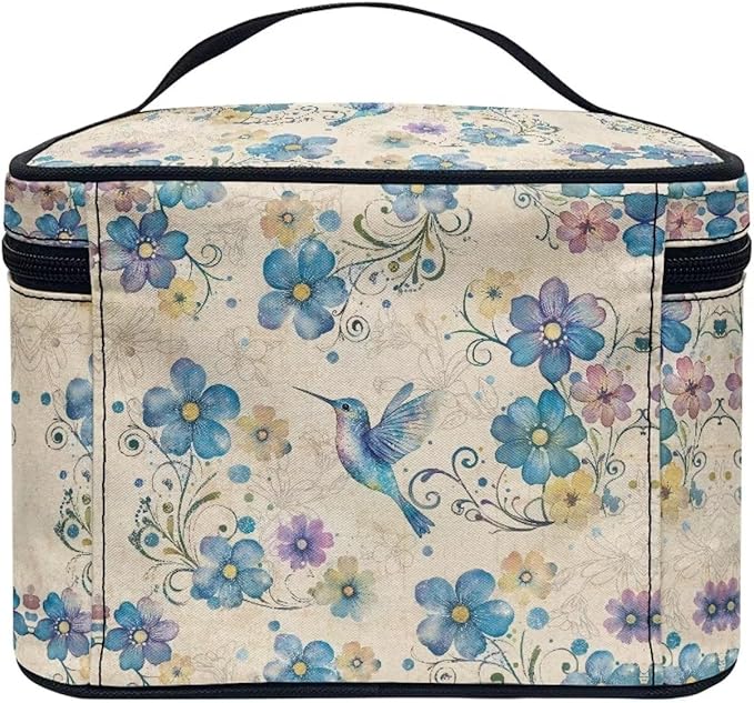 Blue Hummingbird Floral Pattern Travel Makeup Bags for Women Portable Tote Cosmetic Case with Carry Handle Toiletry Accessories Storage Organizer Bags
