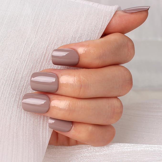 Brown Press On Nails Short, Glossy Soft Gel Press On Nails Square with Nail Glue, 15 Sizes - 30 Fake Nails Kit, Thick Natural Reusable Glue On Nails for Women