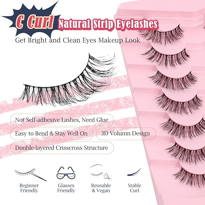 Natural Eyelashes Cat Eye Lashes 14MM Strip Lashes 3D Volume Fake Eyelashes C Curl Eye Lash Strips with Memory Band 7 Pair Siligli