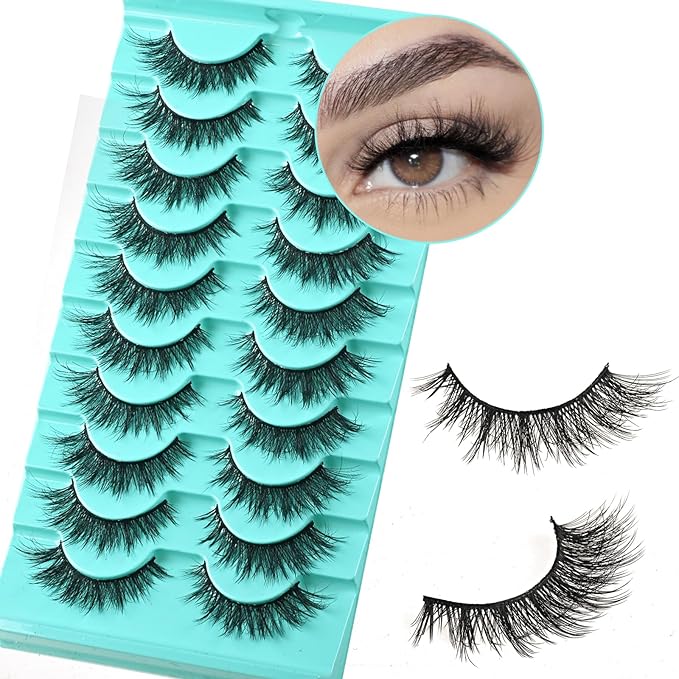 Lashes False Eyelashes Cat Eye Lashes Wispy Fake Mink Lashes Natural Lash 10 Pairs Fake Eyelash Fluffy Lashes Strips Eye Lashes Pack Short Cateye Lashes (Flare Cateye | 7-14mm)