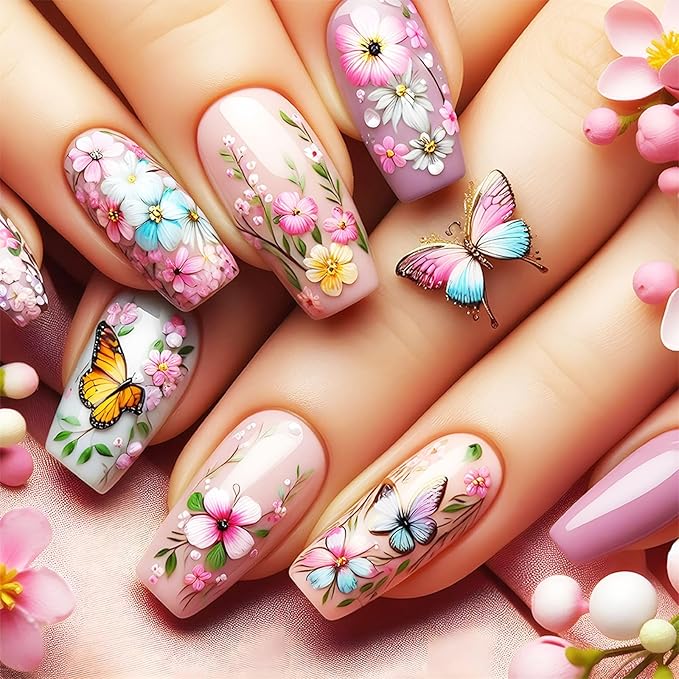 Spring Flower Press on Nails 24Pcs Butterfly Stick on Nails Medium Coffin Acrylic False Nails Glossy Colorful Flowers Fake Nails Rainbow Butterflies Gel Glue on Nails for Coquette Women Girls