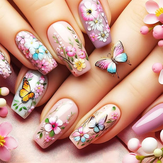 Spring Flower Press on Nails 24Pcs Butterfly Stick on Nails Medium Coffin Acrylic False Nails Glossy Colorful Flowers Fake Nails Rainbow Butterflies Gel Glue on Nails for Coquette Women Girls