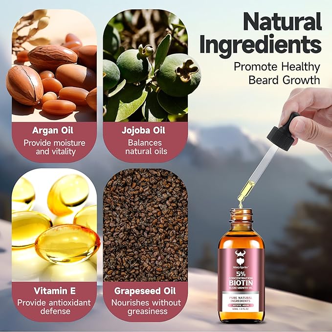 Biotin Beard Oil for Men - 5% Concentration, Mystic Hour Scent, 2 oz (Pack of 9) - Natural Men's Beard Oil with Argan Oil, Jojoba Oil and Vitamin E, Beard Growth Softener, Moisturizer