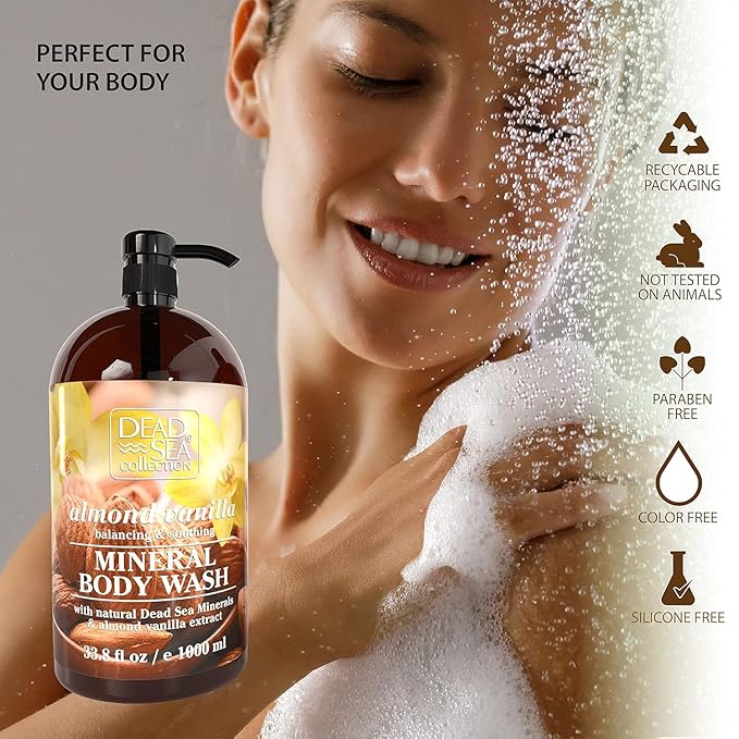 Dead Sea Collection Almond Vanilla Body Wash for Women and Men – Almond Vanilla Scent with Dead Sea Minerals – Moisturizing Shower Gel for Dry & Sensitive Skin – Pack of 2 (67.6 fl oz)