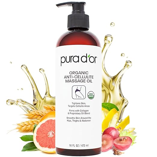 PURA D'OR 16 Oz Organic Anti-Cellulite Massage Oil - Lemon Peel, Moringa, Grape Seed, Grapefruit & Eucalyptus Oils - Skin Firming & Tightening for Active Individuals & Aging Adults