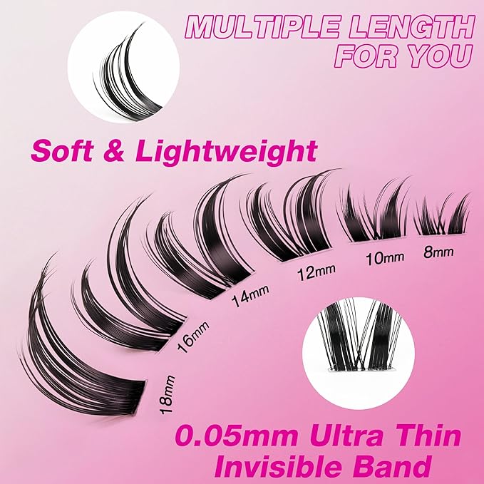 VEYESBEAUTY Lash Clusters Individual Eyelash Extensions Thin & Invisible Band DIY False Eyelashes for Self-application Newbie's Five-Second Series Wispy Lash Tray, Bunny 8-16mm Mixed Length