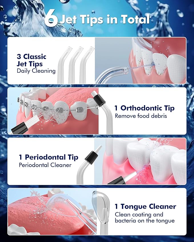 Water Flossers for Teeth - 5 Modes, 6 Flossing Tips, Rechargeable Cordless Portable 300ML Larger Tank Electric Waterflosser Cleaner IPX7 Waterproof Floss Cleaning Teeth Pick for Home Travel