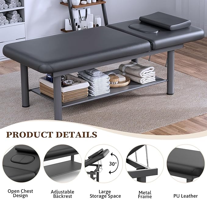 Olela Heavy Duty Stationary Massage Table with Adjustable Backrest, 31.5" Wide Professional Spa Facial & Therapy Bed, Metal Frame PU Leather Treatment Table for Salon & Clinic