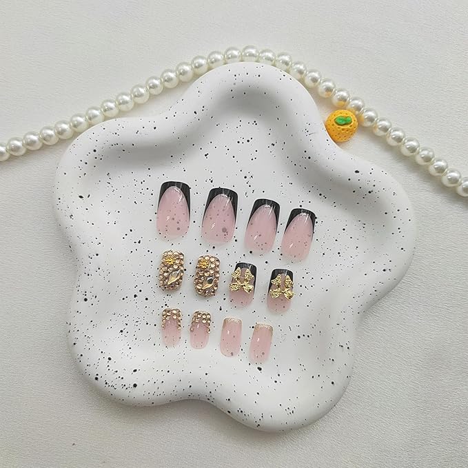 Medium Press on Nails Square Fake Nails with Bow Rhinestones Designs Black French Tip Nails Press ons Gold Glitter Acrylic Nails for Women 24Pcs