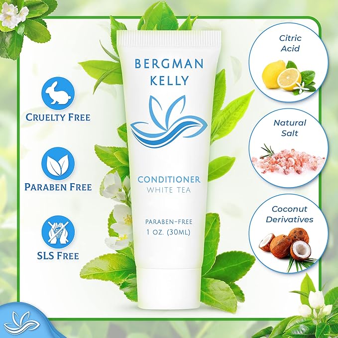 BERGMAN KELLY Hotel Toiletries Bundle (White Tea, 1 oz each, 200 Pieces) 4-Piece Set: 50 Rectangular Bar Soap, 50 Shampoo, 50 Conditioner & 50 Body Lotion - Bulk Mini Guest Amenities