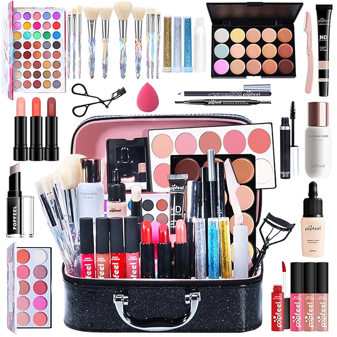 All-in-One Makeup Gift Set Travel Makeup Kit Complete Starter Makeup Bundle Lipgloss Lipstick Concealer Blushes Powder Eyeshadow Palette Cosmetic Palette for Teen Girls & Adults #17