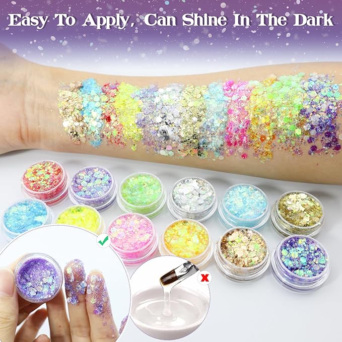 12 Colors Makeup Body Glitter Gel and Face Glitter Gel, Glow in The Dark for Hair and Eyeshadow, UV Black Light for Raves Festivals, Makeup for Women and Kids