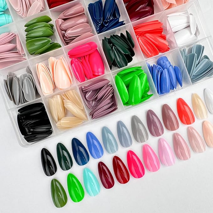 576pcs Almond Press on Nails Medium Fake Nails Solid Color Press on Nails Full Cover Short Nails Press ons Glossy Acrylic Artificial False Nail Tips for Women Girls Nail Art Manicure