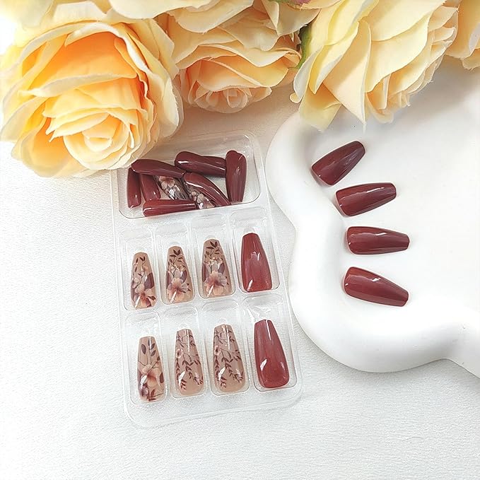 Coffin Press on Nails Medium Fake Nails with Flower Leaf Design Glue on Nails Brown Full Cover Nails Press ons Cute Fall False Nails Glossy Coffin Stick on Nails for Women 24Pcs