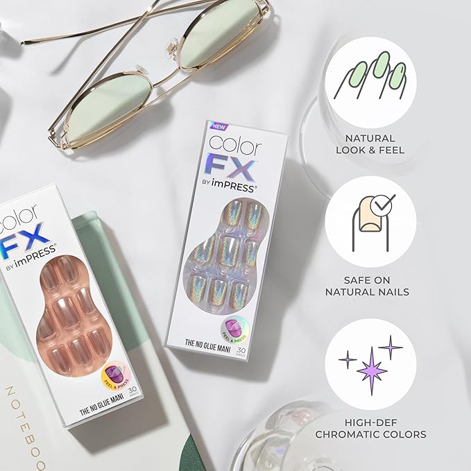 KISS imPRESS No Glue Mani Press On Nails, Color FX, 'Fly Up', Silver, Short Size, Oval Shape, Includes 30 Nails, Prep Pad, Instructions Sheet, 1 Manicure Stick, 1 Mini File