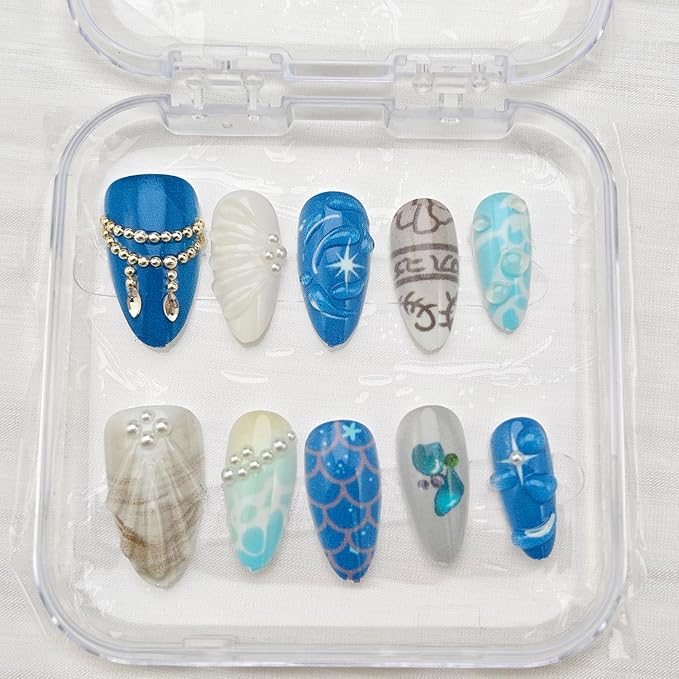 10Pcs Summer Beach Press on Nails Medium Almond Blue Fake Nails Shell with Pearl Rhinestones Glitter Full Cover Glue on Nail Artificial Reusable Ocean False Nails for Women Acrylic Manicure Salon Tips