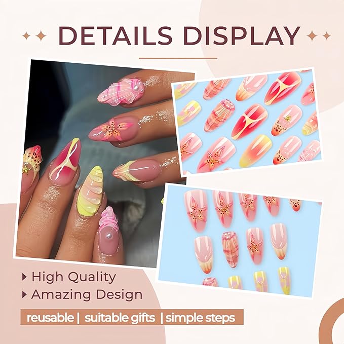 24Pcs Summer Press on Nails Medium Almond Fake Nails with Gold Starfish Charms Glue on Nails 3D Hawaiian Flowers Acrylic Nails Ocean Beach False Nails Handmade Shell French Stick on Nails for Women