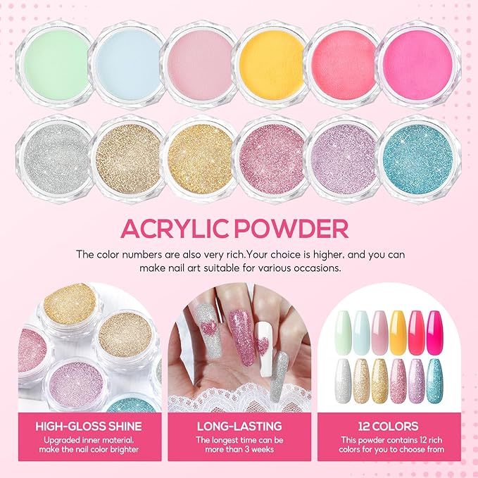 Acrylic Nail Kit for Beginners with Everything Nails Kit Acrylic Set with Drill and U V Light Professional Glitter Powder Decorations Rhinstones DIY Gifts for Women