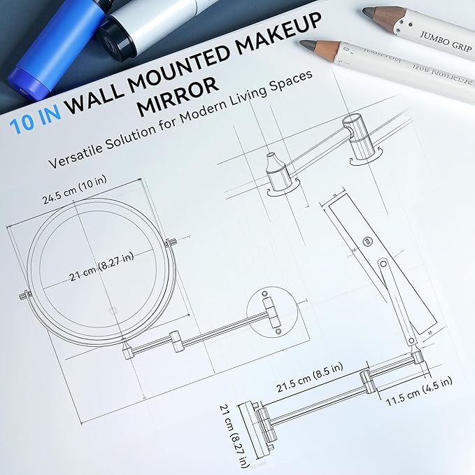 10'' 30X/1X Wall Mounted Lighted Makeup Mirror, 5000mAh Rechargeable Double-Sided Magnifying Mirror with Light, LED Vanity Mirror Touch Dimmable 3 Colors 360° Rotation Extended Foldable Arm, Chrome