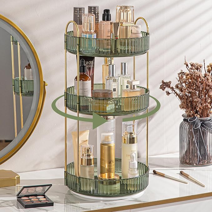 Rotating Makeup Organizer for Vanity, High-Capacity Skincare Clear Make Up Storage Perfume Organizers Cosmetic Dresser Organizer Countertop 360 Spinning (Green, 3 Tier)