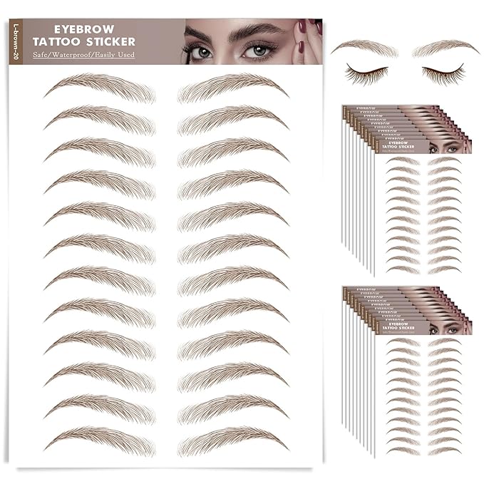 20 Sheets 240 Pairs Eyebrow Tattoo Sticker Waterproof 4D Hair-Like Natural Fake Tattoo Eyebrows Transfers Stickers Peel Off Brows Grooming Shaping Sticker in Natural Miami Vibe,Light Brown