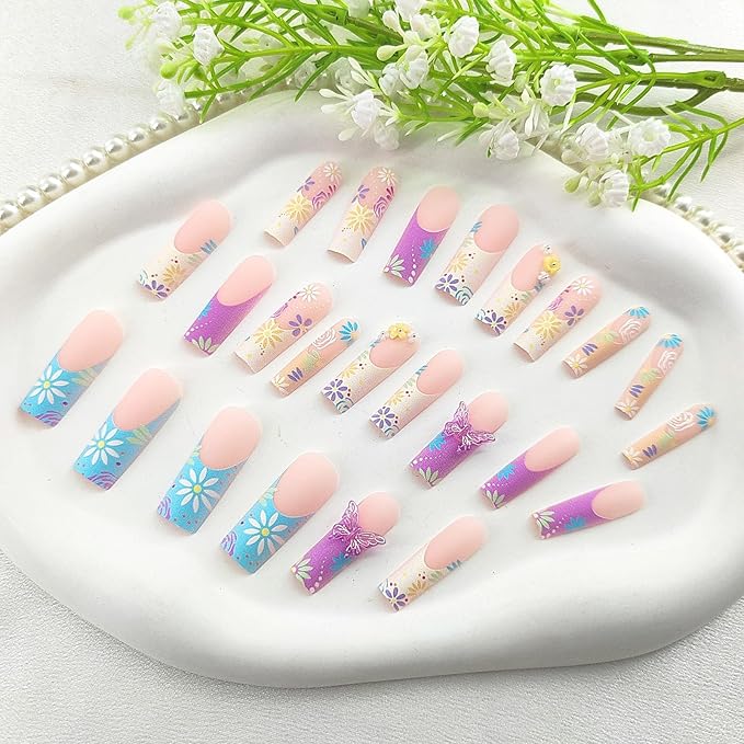 Long Press on Nails Square Colorful Fake Nails with Color Flower Designs 5D Butterfly Glue on Nails Light Pink Matte False Nails Extre Long Square Acrylic Nails Press ons for Girls 24Pcs