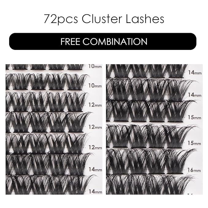 Cluster Lashes 72 Individual Lashes Clusters Eyelash Extensions False Eyelashes DIY Lash Extension Reusable False Eyelashes Natural Look Mix 10-16mm C D Curl-DM27