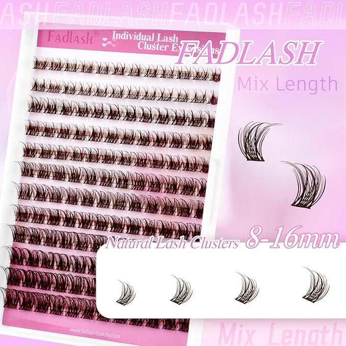 FADLASH Lash Clusters Brown Natural Eyelash Clusters DIY D Curl Cluster Eyelash Extensions with Soft Thin Band Reusable Individual Lashes for Self Use (R028, 8-16mm)