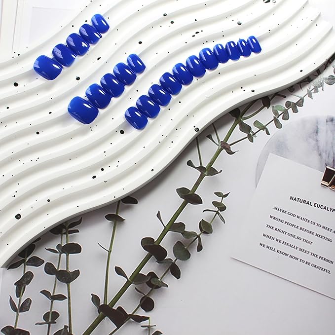 KQueenest Royal Blue Square Press on Nails Short, Gel Fake Nails Short Coffin, Pure Color Natural Small Nails Press on, Solid Stick on Nails for Women Daily Office Manicure