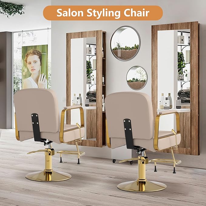 Barber Salon Chair for Hair Sylist, Hydraulic Salon Chairs, Height Adjustable Barber Chairs, Reclining Barber Styling Chairs, 360 Degrees Rotation Shampoo Chair for Barbershop (Grey-Golden)
