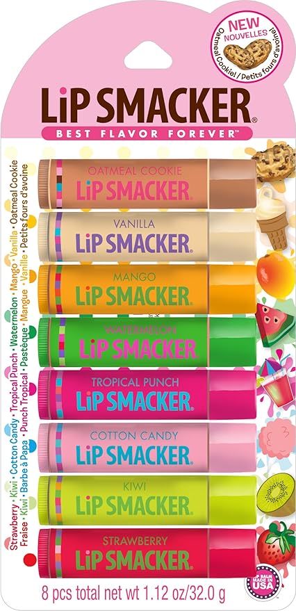Lip Smacker Original & Best Holiday Flavored Lip Balm Party Pack, Oatmeal Cookie, Vanilla, Mango, Watermelon, Tropical Punch, Cotton Candy, Kiwi, Strawberry, Clear
