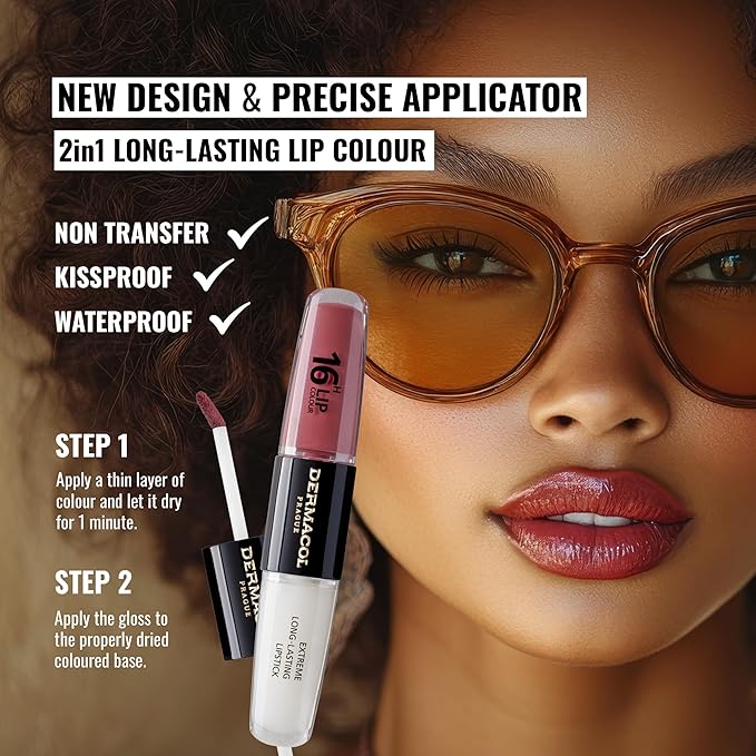 Dermacol NEW 16-Hour Lip Colour, Highly Pigmented Glossy Lip Stain, Two-Phase Lip Plumper Gloss, Kissproof Lip Makeup Products with Matte and Glitter Finish, n.12