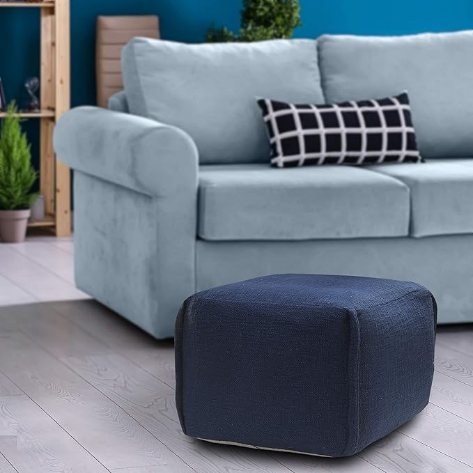 LR Home Handmade Contemporary Solid Square Indoor Medium Pouf Ottoman, Insignia Blue | Hand-Made Cotton Foot Rest for Home Decor | 18 x 18 x 14 Filled Pouf for Living Room & Bedroom