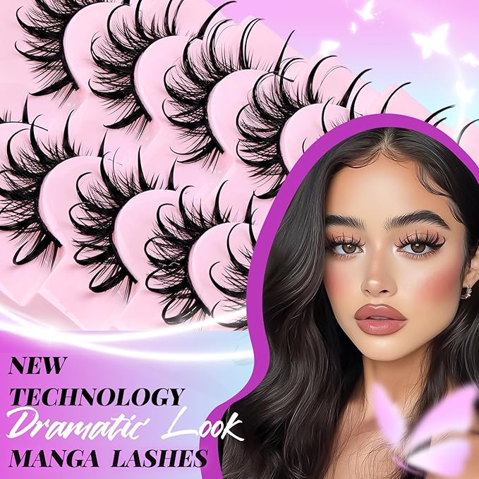 Losha Lashes Spiky Manga Lashes Wet Look Dramatic False Eyelashes 10 Pairs D Curl Cat Eye Lashes Kit with Lash Glue and Lash Tweezers Cosplay Anime Fake Eyelashes (Daring)
