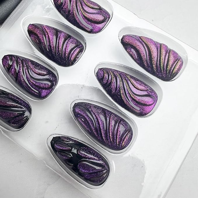 24Pcs Purple Press on Nails Medium Almond Fake Nails with 3D Butterfly Water Drops Design Glitter Full Cover Glossy Acrylic Nails False Nails Sweet Cool Black Purple Glue on Nails for Women