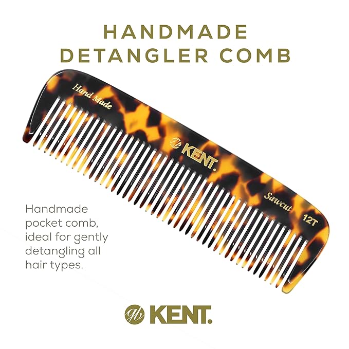 Kent 12T TY Wide Tooth Detangling Comb - 5.5" Handmade Pocket Comb for Thick, Curly, and Wavy Hair, Large Tooth Grooming Comb for Hair, Beard, and Mustache - Saw-Cut and Hand Polished