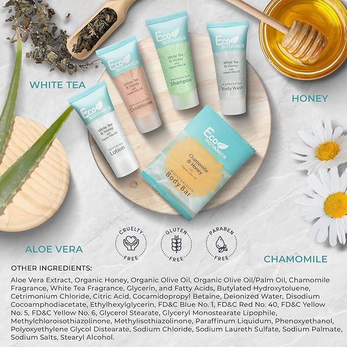 Terra Pure Eco Botanics Amenity Kit | Hotel Bulk Toiletries | 0.85 oz Shampoo, Conditioner, Lotion, Body Wash, Body Bar Soap for Guest Hospitality Vacation Rentals | 60 Sets/Case