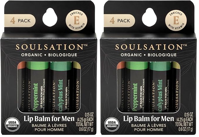 Organic Lip Balm Set for Men - 4 Flavors - 100% Natural Moisturizing for Cracked & Dry Lips (Pack of 2)
