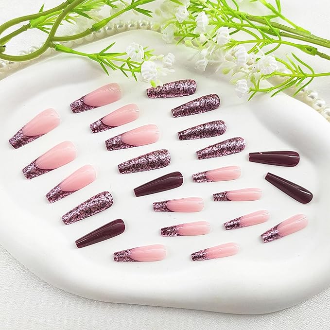 Coffin Press on Nails Extra Long Fake Nails Glossy Glue on Nails with Glitter Sequins Designs French Tip Nails Press ons Burgundy False Nails Claret Artificial Stick on Nails for Women 24Pcs