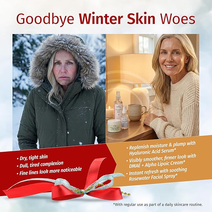 Reviva Labs Holiday Glow Skincare Gift Set – 3-Pc Face Care Kit with Hyaluronic Acid Serum, DMAE Lift & Firm Cream, and Rosewater Face Mist – Hydrating, Moisturizing & Firming Skincare Set for Women