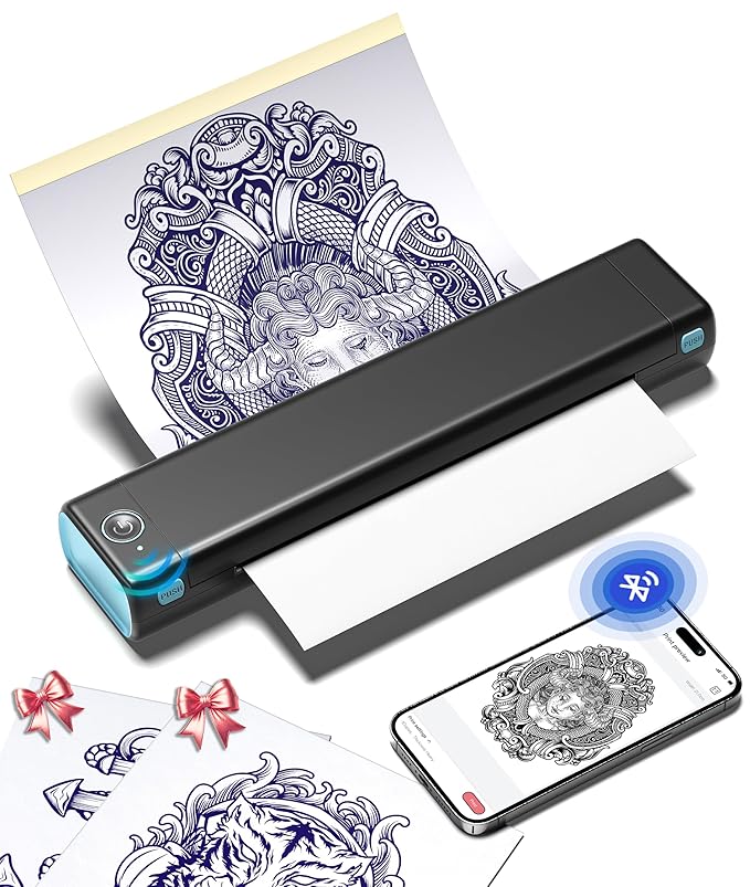 Phomemo M08F Upgraded Tattoo Stencil Printer, Thermal Stencil Printer with 10pcs Transfer Paper, Tattoo Supplies for Artists & Beginners, Compatible with Phone, Tablet & PC, Black & Blue