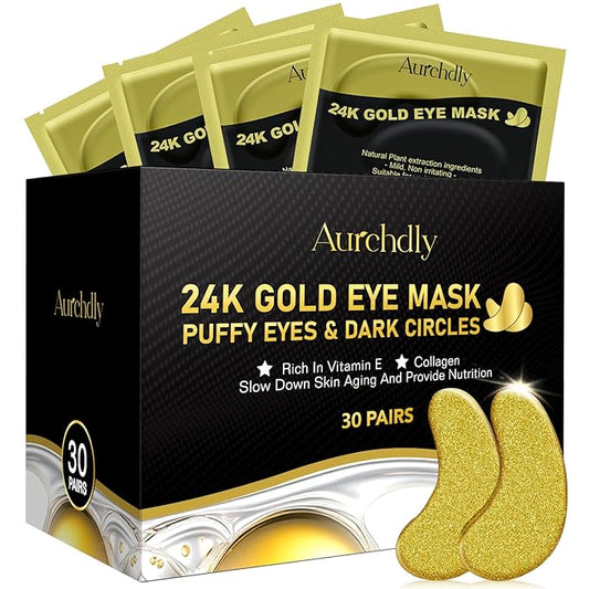 Under Eye Patches(30 Pairs), 24K Gold Eye Mask for Dark Circles, Puffy Eyes and Wrinkles, with Hyaluronic Acid & Collagen