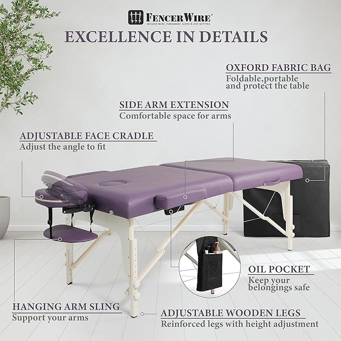 Fencer Wire 84 Inch Premium Memory Foam Massage Table, Foldable Spa Bed, Height Adjustable, Facial Cradle Salon Bed, Purple, 32 Inch Wide