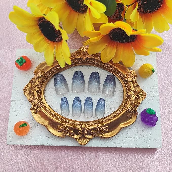 24pcs Short Press On Nails, Coffin Shape, Blue, Glossy, Cat's Eye Designs, Full Cover, Plastic Material, Quick On, Full Well Tips, False Nails, Art Deco Style