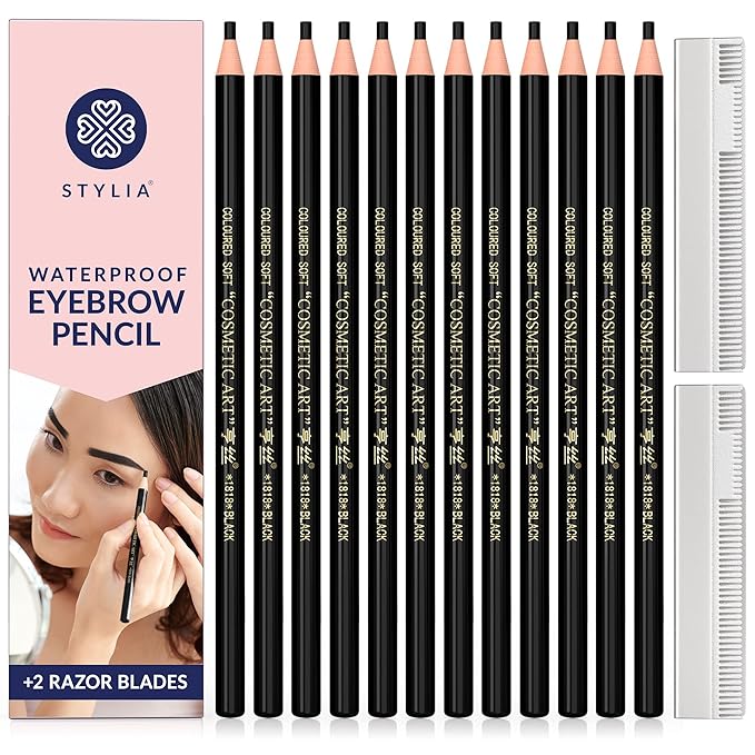 Stylia Waterproof Eyebrow Pencils For Women – Long-Lasting Microblading Supplies Brow Pencil, Perfect for Eyebrow Shaper, Filling & Defining Natural-Looking Brow - (12PC Black)