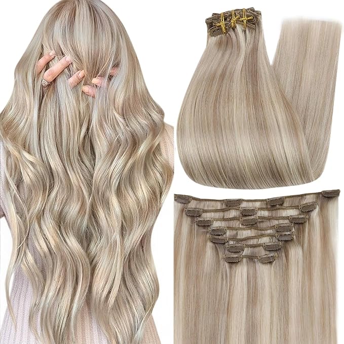 Full Shine Ash Blonde Clip in Hair Extensions 14 Inch Highlights Ash Blonde Hair Extensions for Short Thinning Hair 7 Pcs 120 G