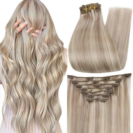 Full Shine Ash Blonde Clip in Hair Extensions 14 Inch Highlights Ash Blonde Hair Extensions for Short Thinning Hair 7 Pcs 120 G