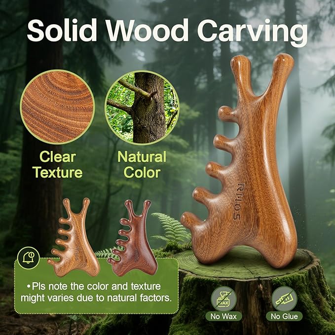 RHOS Multifunctional Wooden Gua Sha Tool｜Scalp Massager for Hair Growth｜Massage Comb for Whole Body｜Jaw Line Lifting｜Face Sculpting｜Lymphatic Drainage｜Body Massage