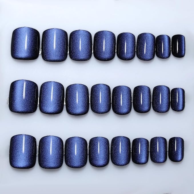 Blue Square Press On Nails Short, Blue to Black Gradient Cat Eye Press on Nails with Glue for Women Ashionable Gel False Nails Reusable Acrylic False Nails Women's Glitter Nails Glue On Nails Kit