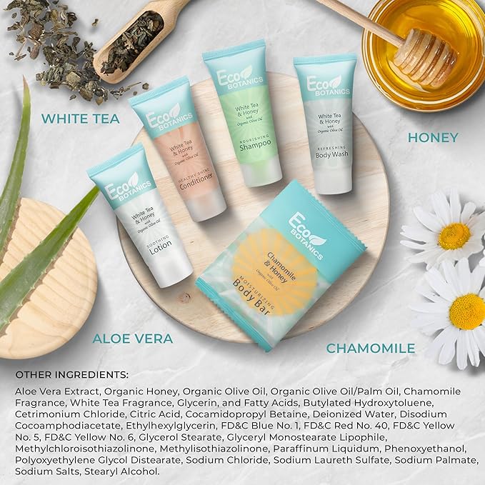 Terra Pure Eco Botanics Hotel Soaps and Toiletries Bulk Set | 1-Shoppe All-In-Kit Amenities |0.85oz Shampoo & Conditioner, Body Wash, Body Lotion & 0.89oz Bar Soap Travel Size | 75 Pieces